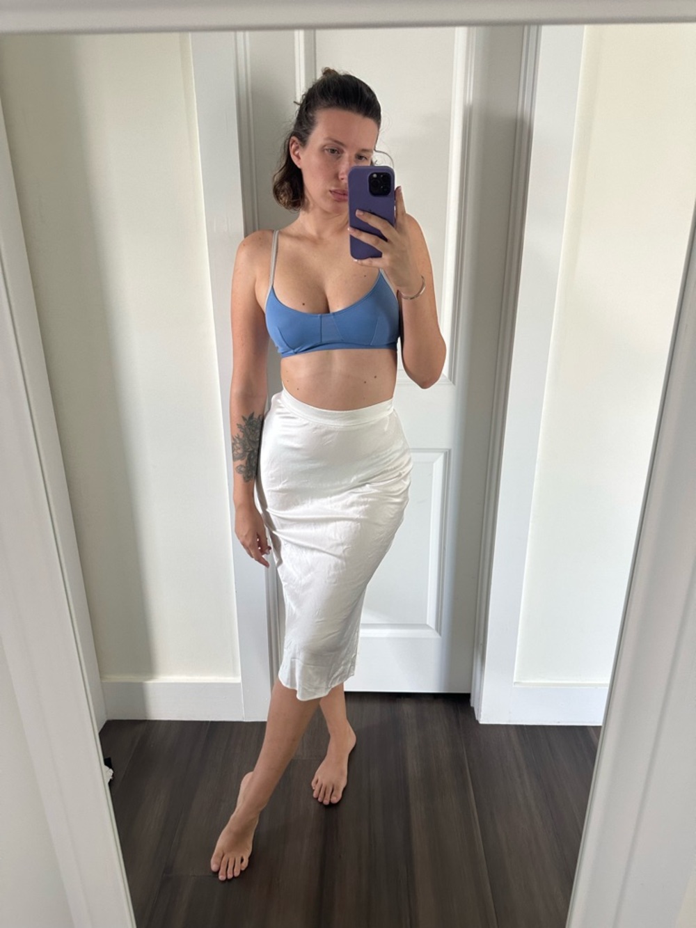 White Satin Midi Skirt - Sleek High-Waist Pencil Style
